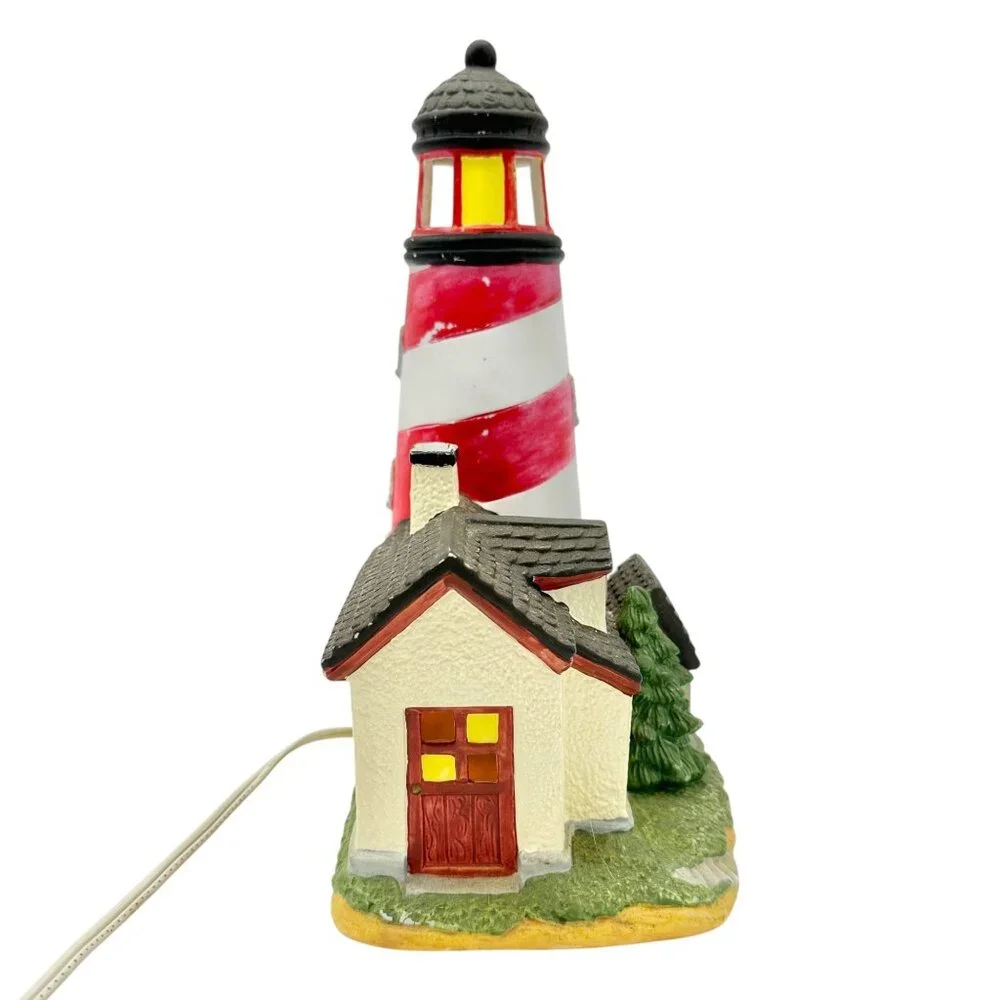 Lighthouse With Cottage Table Lamp Decoration With Lightbulb and Switch 10 x 8